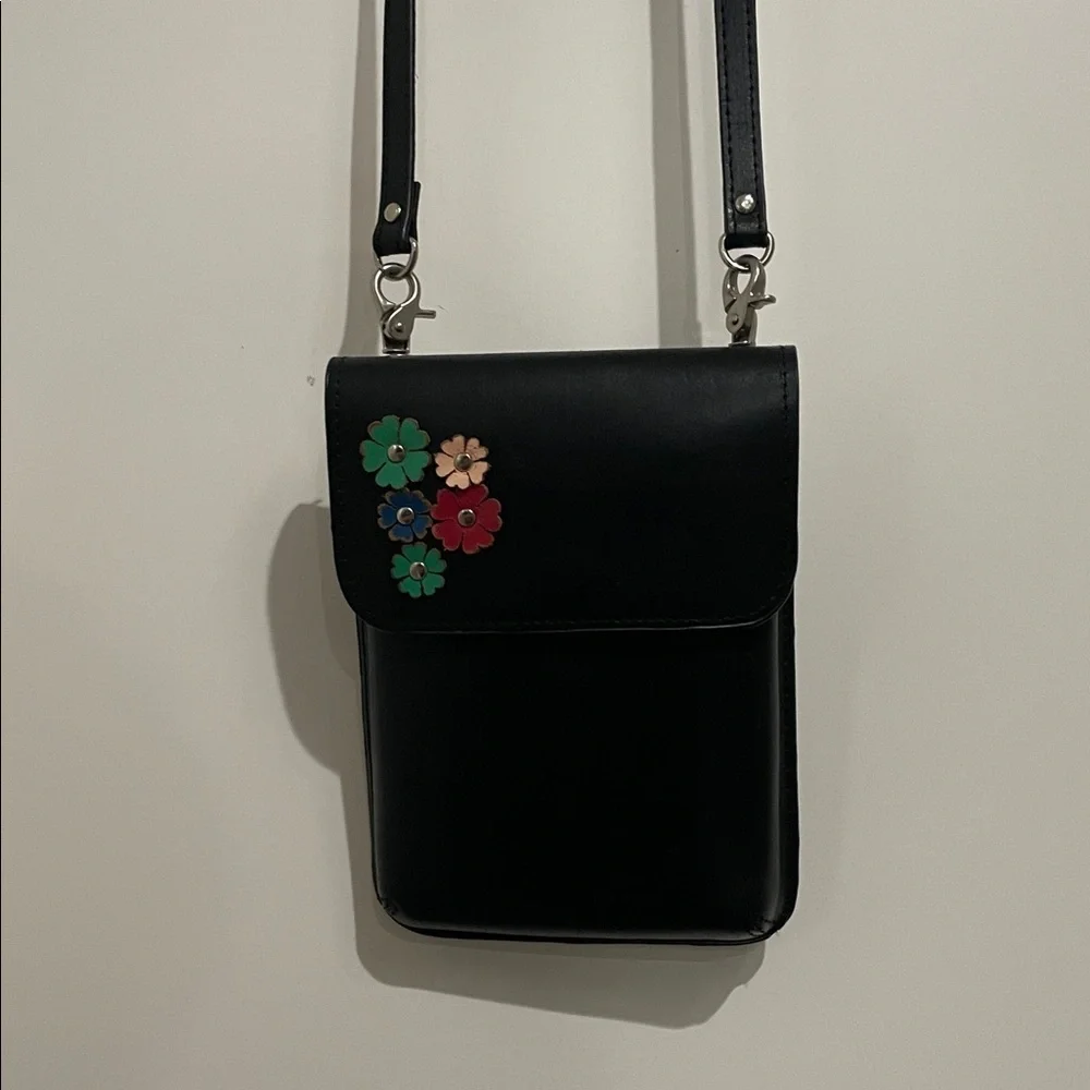 Most Wanted USA Black Leather Mini Crossbody With Colorful 3D Flowers